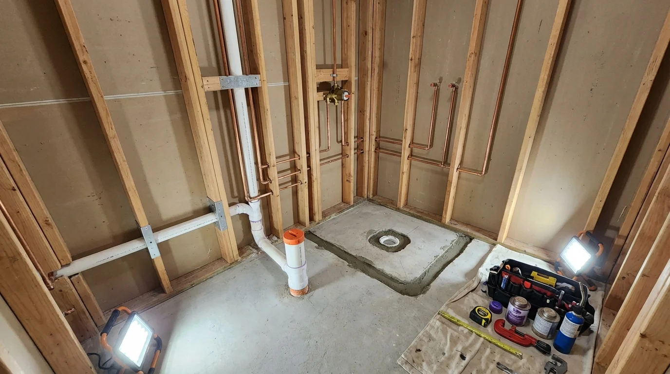 Bathroom rough-in plumbing during remodel by Johns Plumbing LLC in Mount Gilead