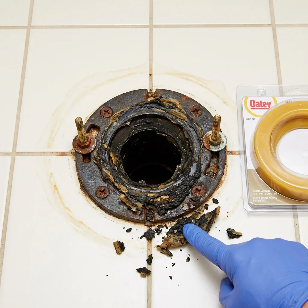 Failed wax ring showing water seepage at the base of a toilet in a Mount Gilead, NC home